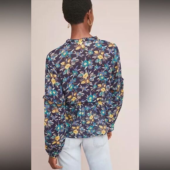 Meadow Rue Strasser Embroidered Peasant Blouse Small Blue Anthropologie XXS - Picture 13 of 13